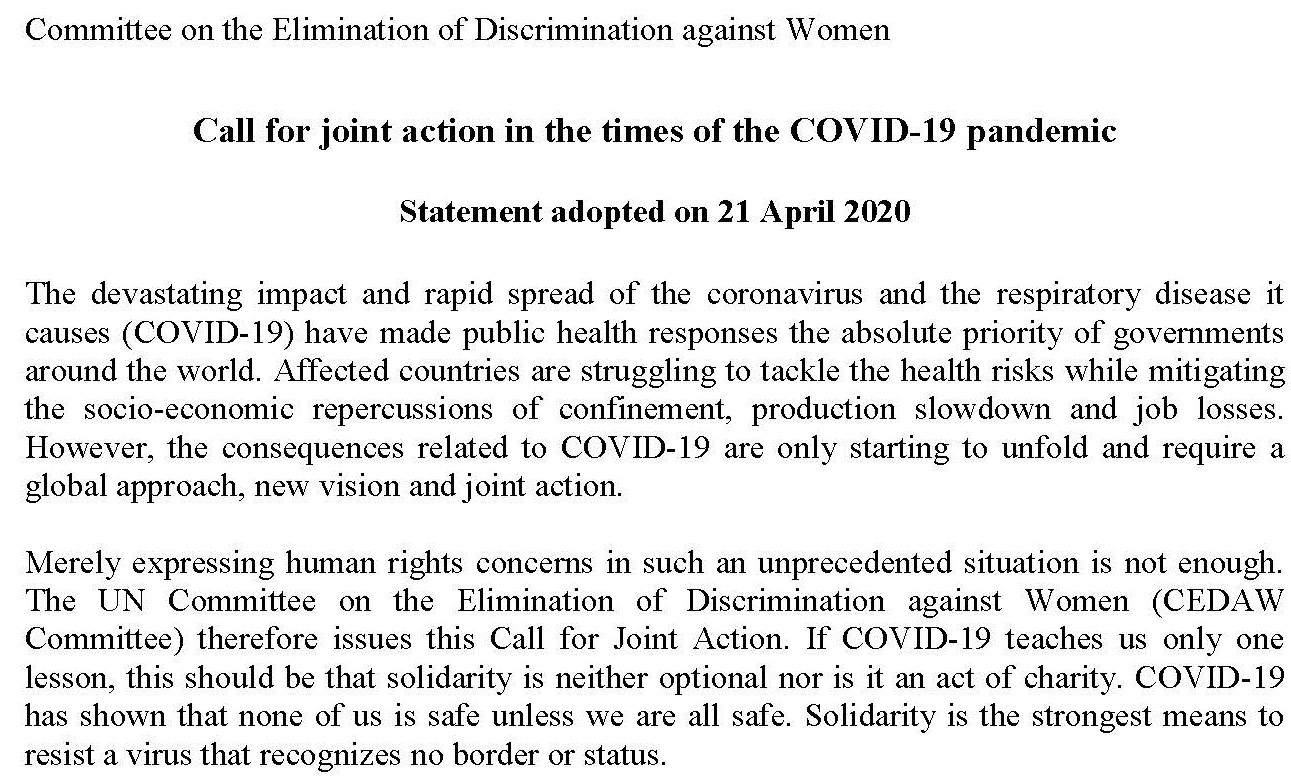 Call for joint action in the times of the COVID-19 pandemic by CEDAW